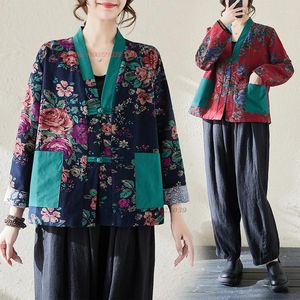 Vêtements ethniques 2024 Traditionnel Chinois Vintage Blouse Coton Lin Col V Hanfu Tops Rétro Tang Costume National Fleur Imprimer Folk