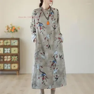 Vêtements ethniques 2024 Robe vintage traditionnelle chinoise Qipao National Flower Print Cheongsam Oriental Doublé en polaire