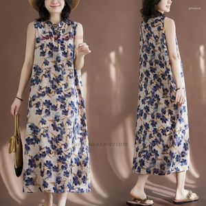 Vêtements ethniques 2024 Linage de coton chinois traditionnel Qipao National Flower Print Robe Cheongsam Sans manches oriental vintage