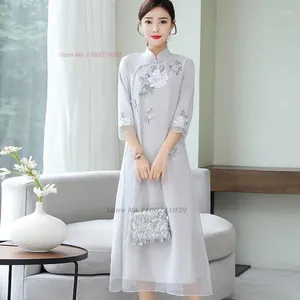 Vêtements ethniques 2024 Robe vintage chinoise traditionnelle améliorée Cheongsam National Flower broderie en mousseline A-Line Oriental Party Qipao