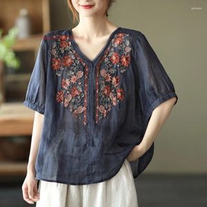Vêtements ethniques 2024 Chinois traditionnel chinois vintage Hanfu Tops National Flower Broidered à col en V Blouse Folk Oriental Coton Linette