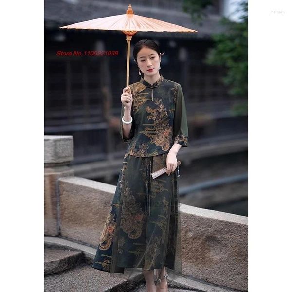 Vêtements ethniques 2024 Traditionnel chinois Vintage Set Service amélioré Costume National Flower Print Qipao Blouse Jupe Folk Streetwear