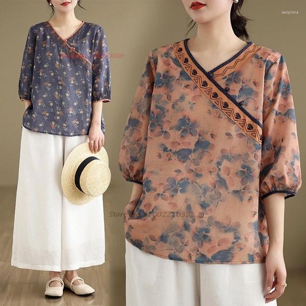 Vêtements ethniques 2024 Blouse chinoise traditionnelle National Flower Print broderie Hanfu Tops Vintage Oriental V Folk à col