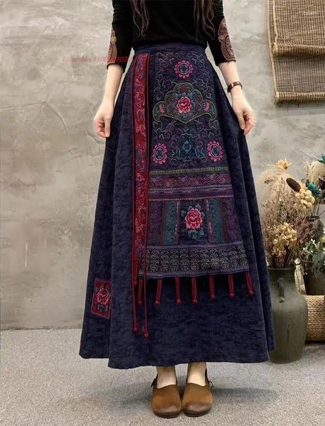 Vêtements ethniques 2024 Jupe vintage chinoise traditionnelle Femmes National Fleur Brodée Coton Linge Oriental Jacquard Folk A-Line