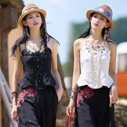 Ropa étnica 2024 Tradicional Mujer Crop Tank Tops Nacional Flor Bordado Camisola Chaleco Tanques Sin mangas Oriental Folk Shirt