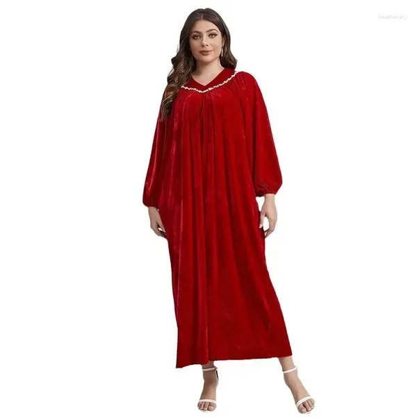 Ropa étnica 2024 Abayas de terciopelo para mujeres Primavera Elegante Musulmán Manga larga con cuello en V Talla grande Maxi Vestido Moda Abaya Dubai