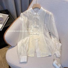 Etnische kleding 2024 Witte Jacquard Top Vrouwelijke Springstijl Verbeterde Tang Suit Chinese plaat Egle Echtel Standkraag Blouse W351