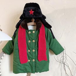 Vêtements ethniques 2024 Enfants d'hiver pour filles garçons épais poitrine longue manteau militaire écharpe chapeau costume costume ensemble veste verte parkas