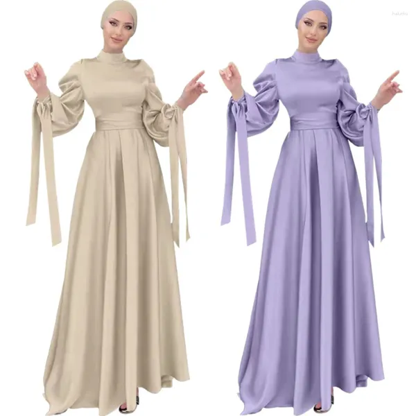 Vêtements ethniques 2024 Robe de satin islamique de mode musulmane féminine Hijab arabe plissé Abaya Dubai Balloon Sleeve avec ruban Eid Mubarak