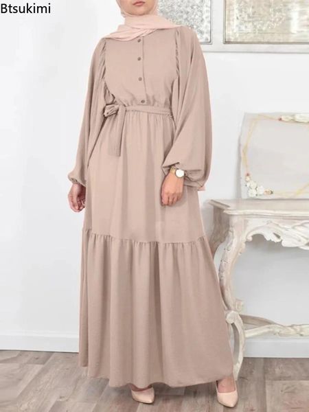 Vêtements ethniques 2024 Musulmane Long Robe Fashion Abaya Hijab Femmes Femme de vacances Puff Fêtes à lacets