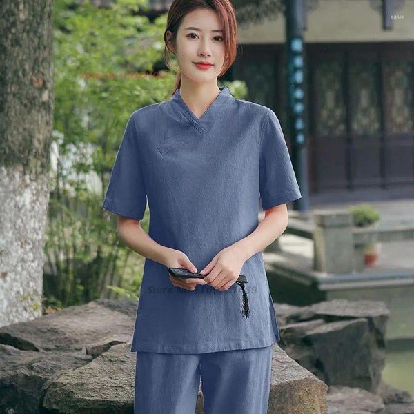 Vêtements ethniques 2024 Femmes Vintage Méditation Set Traditionnel Coton Linge Tang Costume Oriental Bouddhiste Tai Chi Tops Pantalon Zen