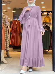 Ropa étnica 2024 Zanzea Casual Hijab Dress Rata para mujer Muslim Spring Spring Dress Elegant Ruffle Vestido femenino Poscado suelto Máxi Vestidos T240510