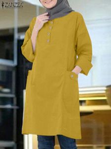 Vêtements ethniques 2024 ZANZEA Femmes Vintage Longue Chemise Automne O Cou Manches Chemisier Musulman Mode Solide Travail Tops Femme Abaya Blusas Mujer