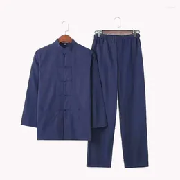 Vêtements ethniques 2PC Costume solide chinois traditionnel mâle coton lâche Wu Shu Tai Chi ensembles M-4XL veste pantalon long