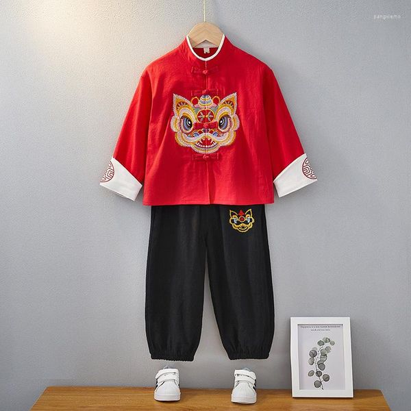Vêtements ethniques 2 pièces chinois traditionnel Hanfu pour garçons 2023 ans rouge Tang costume broderie rétro tenue à manches longues haut pantalon