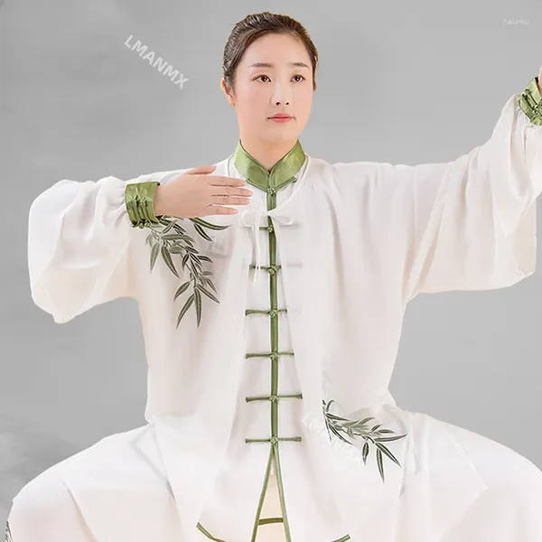 Ropa étnica 2 unids chino tradicional Tai Chi Set Wushu Kungfu práctica clásica ropa rendimiento bambú ciruela bordado hebilla