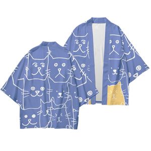 Vêtements ethniques 2 PCS Hommes Lâche Japonais Bleu Chat Imprimer Cardigan Cosplay Yukata Harajuku Samurai Kimono + Pantalon Ensembles Plus La Taille S-6XL