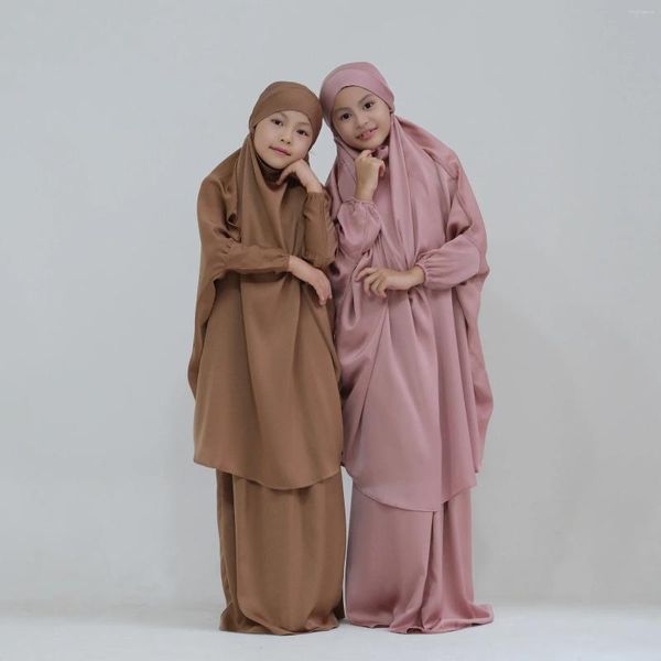 Vêtements ethniques 2pcs musulman enfants filles hijab robe eid hauts à capuche jupe aérienne abaya islam vêtement de prière robe arabe khimar jilbab