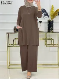 Ropa étnica 2 unids Conjuntos musulmanes Otoño Sólido Abaya OutifitsZANZEA Moda Chándal Mujeres Blusa de manga larga Pantalones Trajes Islámicos