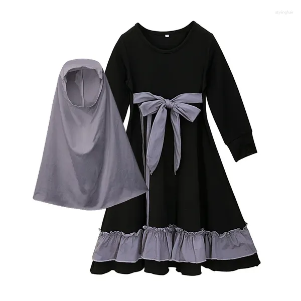 Ropa étnica 2 unids Conjuntos musulmanes Niños Niñas Vestido de oración Hijab Abaya Árabe Niños Largo Maxi Robe con pañuelo en la cabeza Islámico Eid Ramadán Kaftan