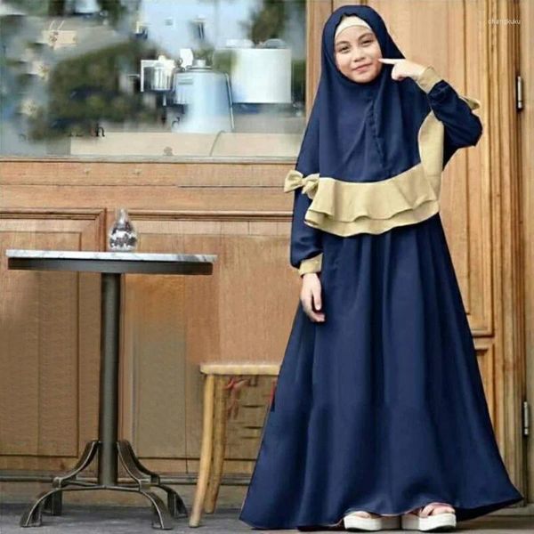 Ropa étnica 2 unids Ramadán Musulmán Niños Hijab Vestido Abaya Set Islam Eid Oración Árabe Niñas Khimar Pañuelo Niqab Robe Medio Oriente 2-8Y