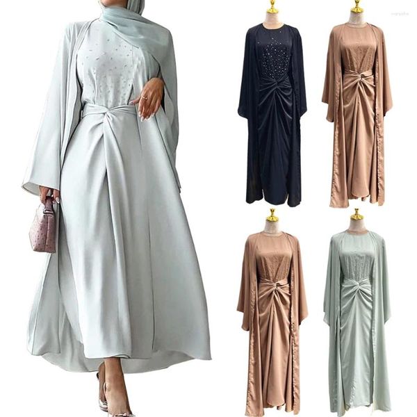 Vêtements ethniques 3 / 4pcs Satin Abaya Set Muslim Matching tenue Femmes Dubaï Saudi Open Kimono Long Hijab Dress Wrap Wrap Jirt Turkey Arab