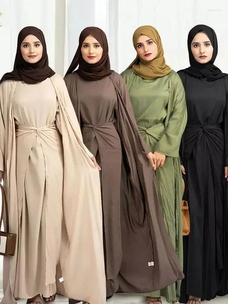 Vêtements ethniques 3 pièces Abaya Kimono correspondant à ensembles musulmans en lin ouverts pour femmes dubaï dinde hijab robe envelore jupe iSlam modeste