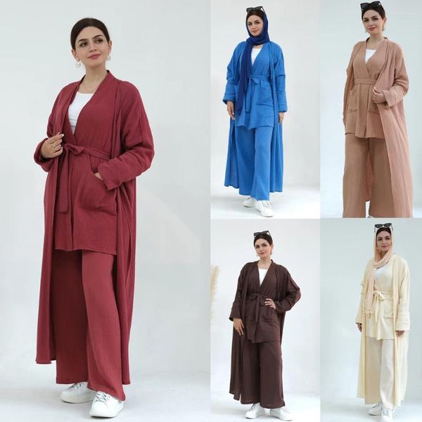 Vêtements ethniques 3 pièces Abaya Set Cotton manches longues Open Kimono Tops Pants Ramadan Eid Islam Femme musulmane décontractée