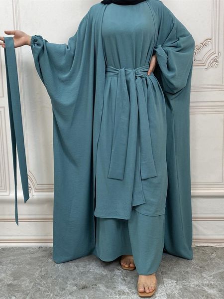 Ropa étnica 3 piezas Abaya Set Musulmán Hijab Vestido con falda envolvente Crepe arrugado Abayas abiertas para mujeres Dubai Turquía Africano Islámico