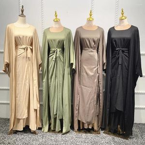 Vêtements ethniques 3 pièces Matching Set Satin Femmes Turquie Robes musulmanes Dubai Tenue Plaine Hijab Kimono Open Abaya Maxi Vobine enveloppe jupes