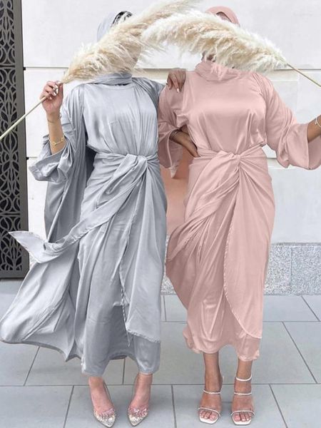 Vêtements ethniques 3 pièces Satin Abaya Kimono Ensembles musulmans Abayas pour femmes Dubaï Turquie Hijab Robe Jupe portefeuille Ensembles de tenue islamique