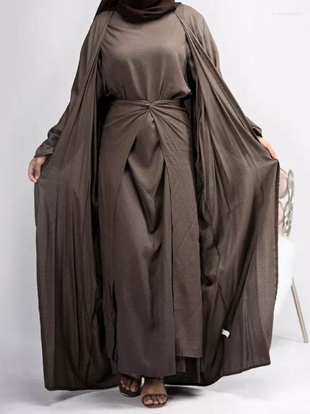 Vêtements ethniques 3 pièces Ensemble Abaya Kimono Linge musulman Ouvert Abayas pour femmes Dubaï Turquie Mode Ramadan Cardigan Robe Wrap Jupe Islam