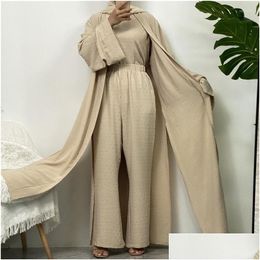 Vêtements ethniques Ensembles de 3 pièces pour les femmes musulmanes longues et pantalons avec des poches Islamic Robe Modest Eid Ramadan Abaya Suit Dro Otd62