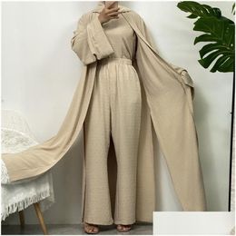 Vêtements ethniques 3 pièces Ensembles pour femmes musulmanes Long Cardigan Haut et pantalon avec poches Robe islamique Modeste Eid Ramadan Abaya Costumes Dro Otfny