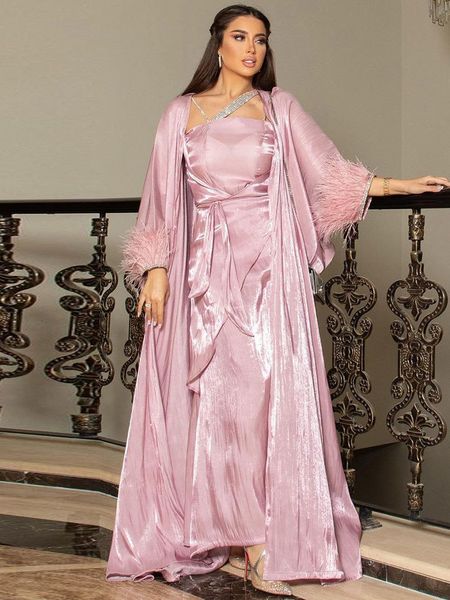 Ropa étnica 3 piezas Abaya Fiesta marroquí Caftan Set Mujeres Satén Pluma Diamantes Vestidos de noche árabes Ramadán Musulmán Dubai Abayas Conjuntos 230426