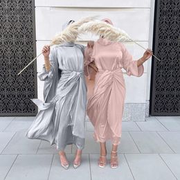 Vêtements Ethniques 3 Pièces Ensembles Musulmans Eid Satin Abayas pour Femmes Dubaï Robe Hijab Ouvert Abaya Kimono Islam Modeste Tenue Wrap Front Maxi Jupe 230131