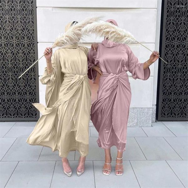 Ropa étnica 3pcs/4pcs mujeres musulmanas árabe abaya kaftan satin islámico hijab trajes kimono vestido set elegante fiesta de la fiesta del ramadán