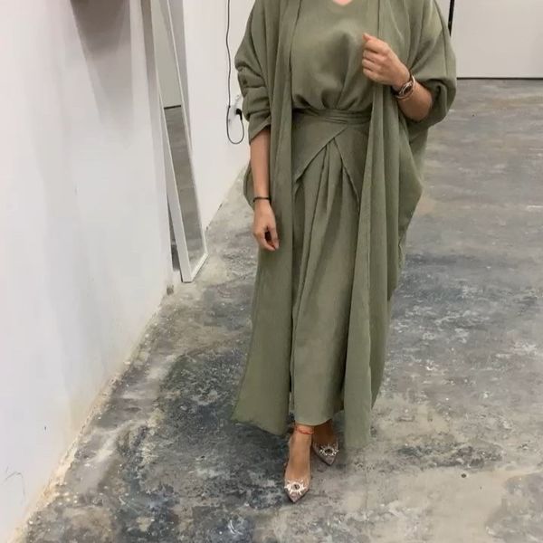 Vêtements ethniques 3pcs correspondant ensemble femmes musulmanes abaya robe mode lin dubaï arabe modeste tenue islamique cardigan uni wrap jupe avant eid 230131