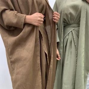 Etnische Kleding 3 stks Moslim Abaya Set Bijpassende Innerlijke Jurk Kimono Voor Vrouwen Linene Bescheiden Lange Open Wrap Rok Islam Clothes300G