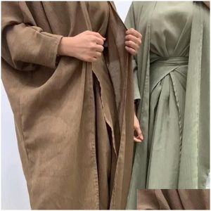Vêtements ethniques 3pcs musulman abaya ensemble correspondant robe intérieure kimono pour femmes linge modeste longue jupe portefeuille ouverte islam vêtements drop deli dhdvl