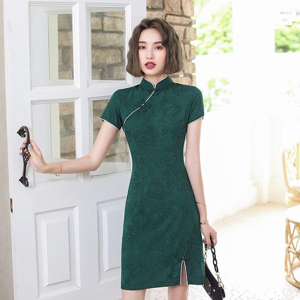 Vêtements ethniques 4 couleurs été vert court Cheongsam coton robe mince mode femmes robes de soirée avant fendu fille douce Qipao S2068