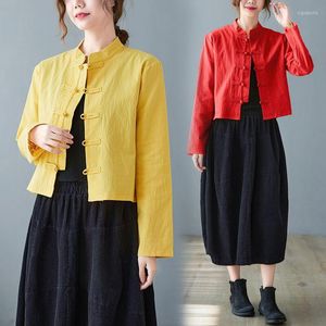 Etnische kleding 4colors Chinese stijl Tangpak Tops Casual Cardigan Women Autumn Retro Hanfu Blouse Zen Cotton Linnen Shirt Rood