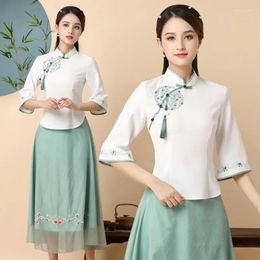 Ropa étnica 4xl chino tradicional para mujeres 2 pc set cheongsam top mejorado retro elegante traje zen hanfu falda