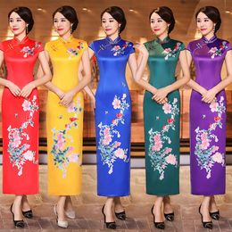 Etnische Kleding 5 Kleur Plus Size Zijde Cheongsam Jurken Retro Afdrukken Lange Qipao Casual Groene Dames Chinese Jurk 4XL3030