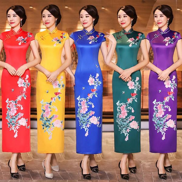 Ethnische Kleidung 5 Farbe Plus Größe Seide Cheongsam Kleider Retro Druck Lange Qipao Lässige Grüne Damen Chinesisches Kleid 4XL3030