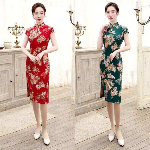 Vêtements ethniques 5XL Sexy Satin Soie Classique Femmes Chinois Robe Rouge Vert Fleur Imprimer Cheongsam Robe Élégante Gouttes D'eau Collier Qipao