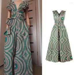 Etnische kleding 6Colors African Fashion Jumpsuit Women Kanga Floral Print V-Neck High Taille Sexy Backless Dress Evening Party 2023