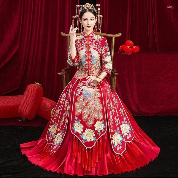 Ropa étnica 6xl bordado pavo real fénix chino tradicional pareja traje de boda cheongsam elegante novia vintage qipao vestido tostado