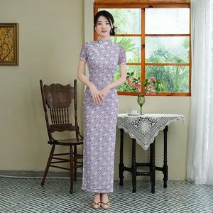 Etnische kleding 7 kleuren Verbeterde Long Cheongsam Women Elegant Dress Plus Size Chinese stijl Show Evening Vrouwelijk Retro Qipao met korte mouwen