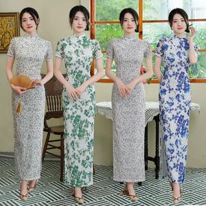 Etnische kleding 7 kleuren verbeterd lange cheongsam vrouwen elegante slanke jurk plus size Chinese stijl avond korte mouw retro qipao